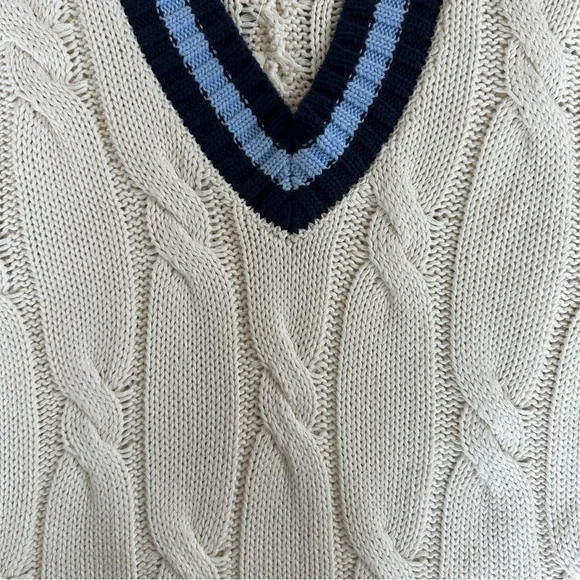 NWT Cream Cable Knit V-Neck Sweater with Blue Stripe Trim - Picture 6 of 10